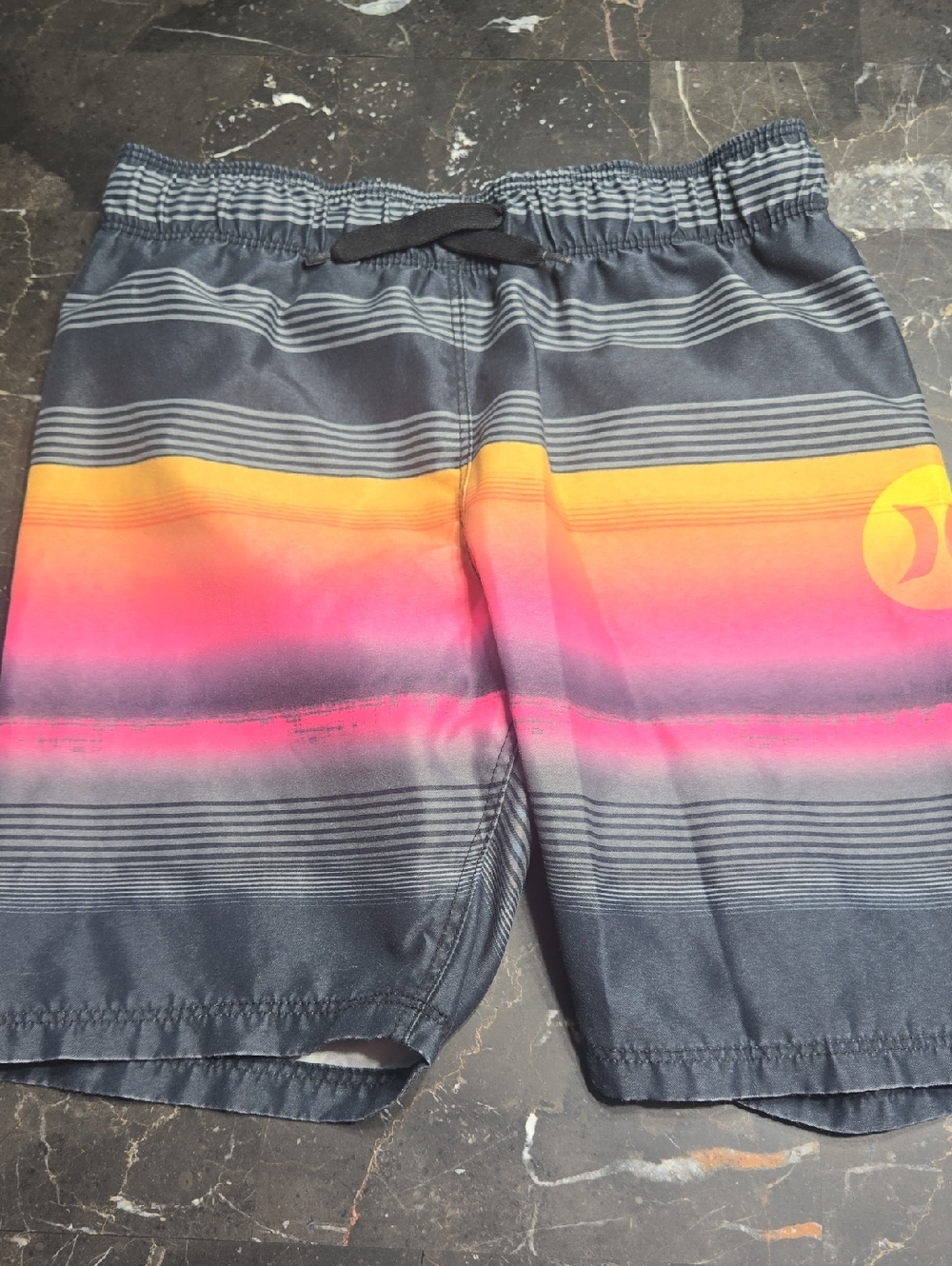 Hurley Boys Navy Swim Shorts with Yellow and Pink Gradient Stripes